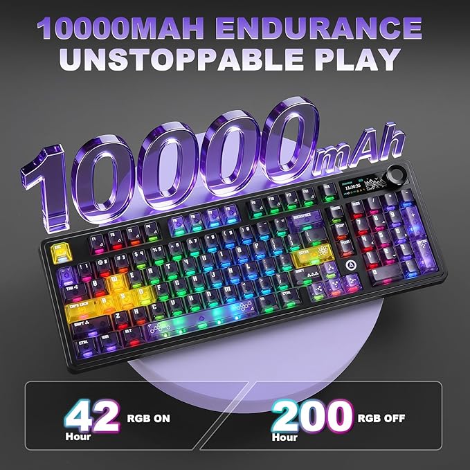 AJAZZ AK980 V2 Pro Wireless Mechanical Keyboard, 10000mAh Battery & Dual 8000Hz Polling Rate,Tri-Mode Gaming Keyboard with Smart Display/Knob, Hot Swappable for Win/Mac (Purple,Lychee Switch)
