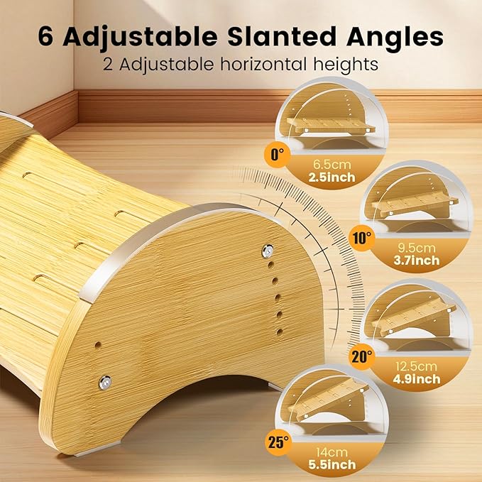 Bamboo Under Desk Footrest with Cushion - 6-Level Adjustable Ergonomic Wooden Foot Rest for Office & Home - Reversible Rocking Footstool for Short Legs, Back & Lumbar Pain Relief - Non-Slip