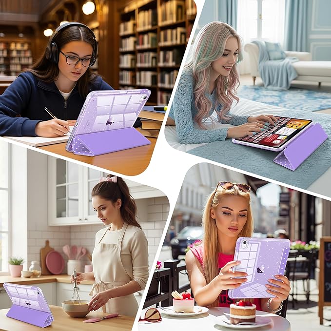 DONGKE for iPad Pro 11 inch Case – Fits M5 2025 / M4 2024, Shockproof Sparkling Glitter Acrylic Back, Pencil Holder, Trifold Stand, Auto Sleep/Wake & Touch ID Support - Purple Cross Dot