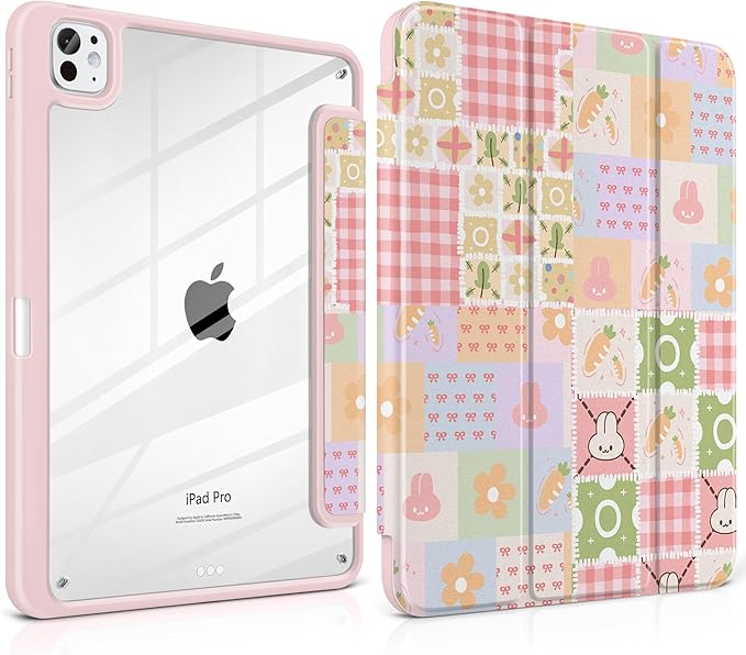 Case for iPad Pro 11 inch (M5) 2025 (M4) 2024 Release Slim Lightweight Cute Light Pink Cover with Clear Back TPU Edge Pencil Holder Trifold Stand, Cute Bunny