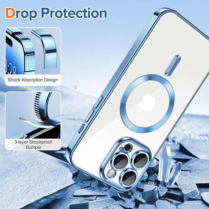 Hython Magnetic Clear for iPhone 14 Pro Max Case with Camera Lens Protector [Compatible with MagSafe] Plating Edge Slim Soft TPU Cover Protective Phone Case for iPhone 14 Pro Max 6.7", Light Blue