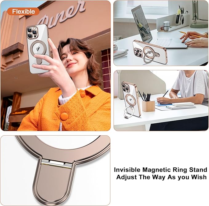 Compatible with iPhone 12 Pro Max Case with Magnetic Ring Stand [Compatible with Mag-Safe] [Full Camera Lens Protector] Plating Clear Phone Case for iPhone 12 Pro Max 6.7", Desert Gold