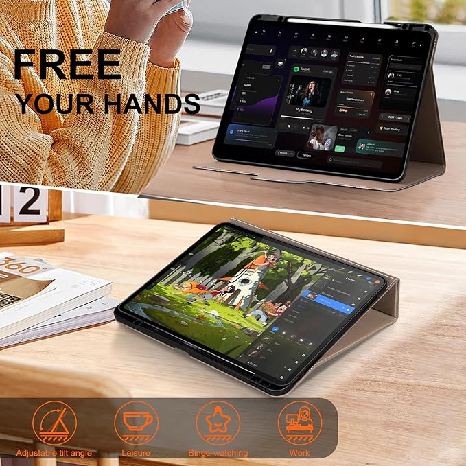 for iPad Pro 13 inch Case (M4) 2024 Release, Premium Leather Folio Cover with Auto Wake/Sleep, Apple Pencil Holder, Multi-Angle Stand & Secure Buckle Closure - Gray Brown