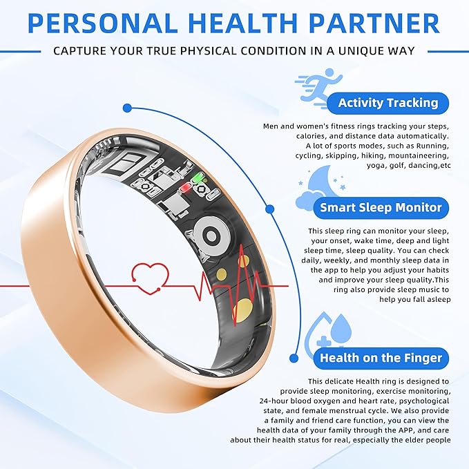 Smart Ring Health Tracking, Sleep Tracking, Heart Rate, Blood Oxygen, Blood Pressure，Fitness Ring, Activity Monitoring, 5 Days Battery, 5ATM Waterproof, No Subscription (Gold, 7#)