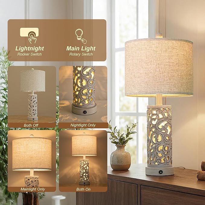 OYEARS Bedside Table Lamps Set of 2 with USB & Night Light, 22'' Farmhouse Bedroom Lamps for Nightstand, Vintage Table Lamps for Bedroom Living Room Home Offce (Bulb Included)