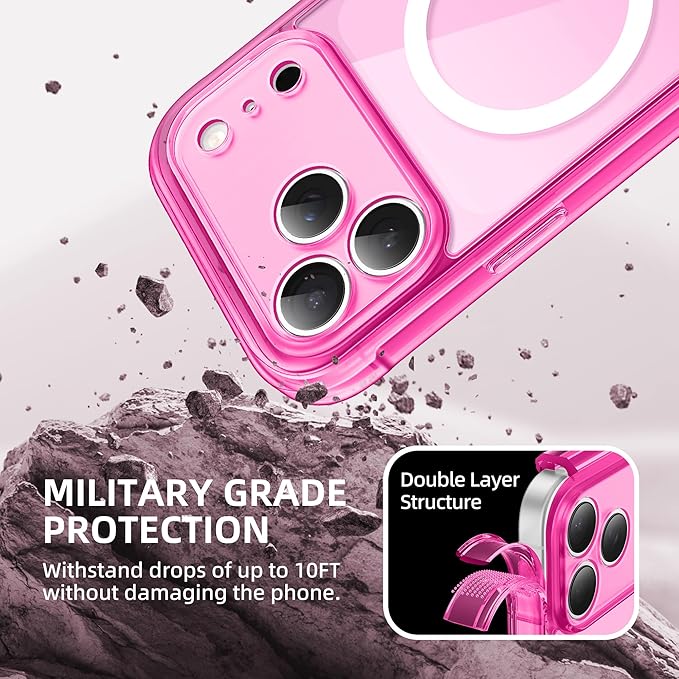 BERFY for iPhone 17 Pro Case, Compatible with MagSafe, Built-in Privacy Screen Protector, Camera Protection, Shockproof Full Body Phone Case 6.3", Clear Bright Pink