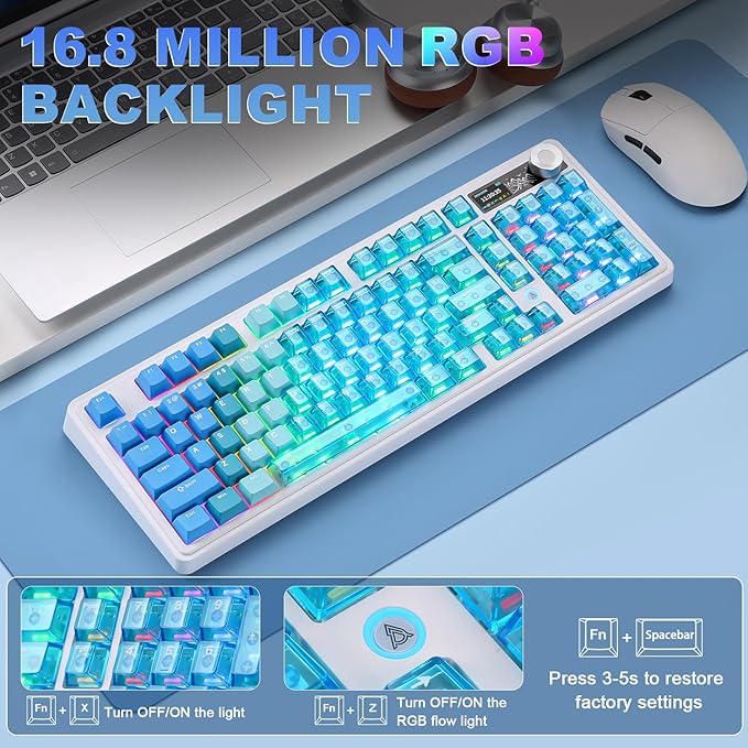AJAZZ AK980 V2 Pro 98% Dual 8K Mechanical Keyboard, 10000mAh Wireless Tri-Mode Gaming Keyboard with Smart Display & Knob, Hot Swappable BT/2.4G/USB-C for Win/Mac (Blue,Lychee Switch)
