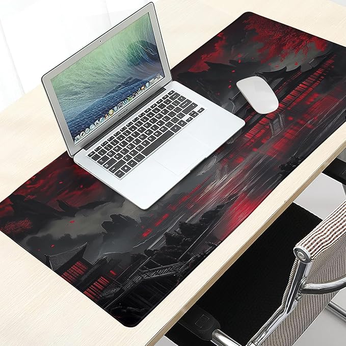 Riverside Full Moon Desk Mat Japanese Desk Pad Black Red Large Mouse Pad Gaming Mousepad 31.5"x11.8" Extended XXL Keyboard Pad Japanese Laptop Pc Computer Mouse Keyboard Mat for Home Office Work Game