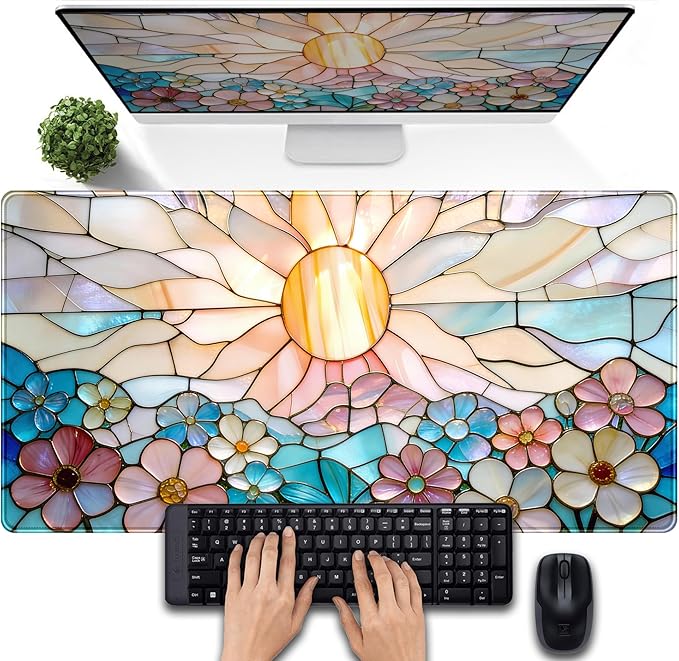 Stained Glass Desk Mat Large Mouse Pad Extended Desk Pad, Gaming Computer Mouse Mat XXL, Big Desktop Keyboard Mat, Full Desk Laptop Pad for Home Office Work, Desk Decor Aesthetic 31.5×15.7 Inch