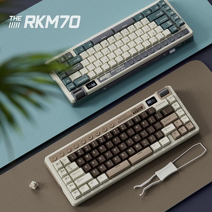 RK ROYAL KLUDGE M70 Wireless Mechanical Keyboard with Macro Keys 2.4GHz/Bluetooth/Wired 75% Gaming Keyboard with 6000mAh Battery Gasket-Mount Display & Knob RGB Hot-Swappable Linear Cream Switch