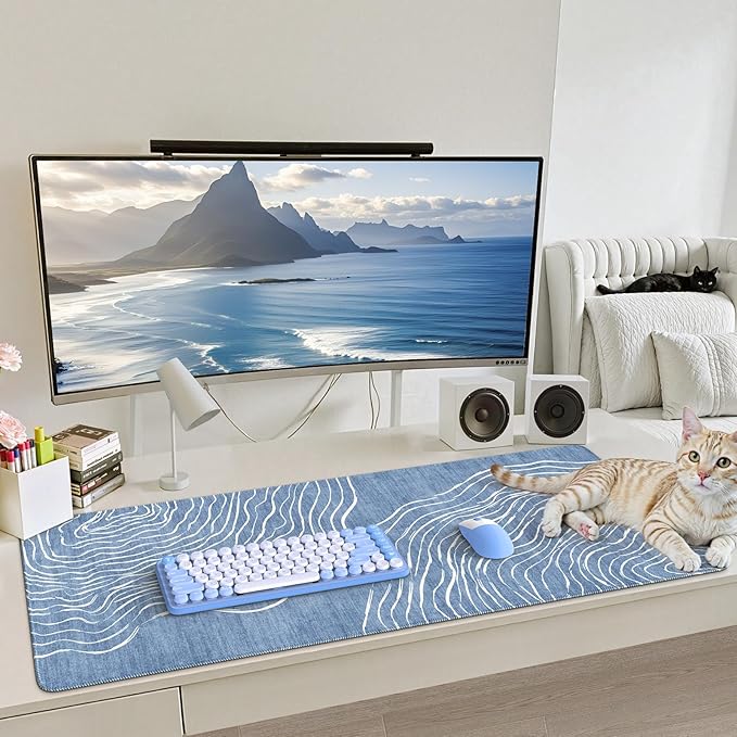 iCasso Desk Cover Mat,Extended Long Mouse Pad for Laptop,Aesthetic Computer Pad with Stitched Edges,Non Slip Keyboard Mat for Desktop,Cute Blue Desk Protector for Office Home School