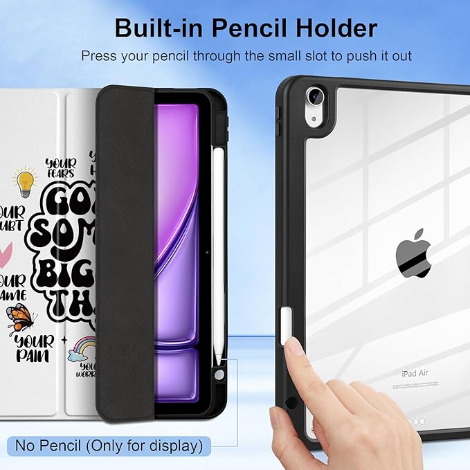 Case for iPad Air 11 inch M4 2026 M3 2025 Release with Pencil Holder - Creative Inspiring Design Trifold Cover with Soft TPU Bumper Clear Back Auto Sleep/Wake for Students, Creative Slogans