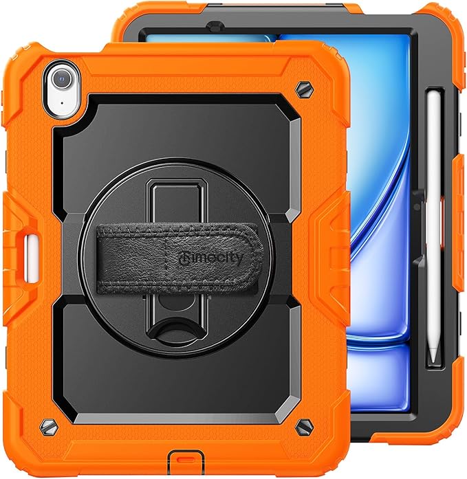 timecity Case for iPad Air 11 Inch M4 / M3 / M2 (2026/2025/ 2024), 360° Rotating Stand, Pencil Holder & Wireless Charging, Shockproof with Screen Protector & Shoulder Strap - for Designers, Orange