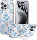 CASEKOO Floral Series Blue Flowers for iPhone 16 Pro Case with Magnetic Ring Stand [Compatible with MagSafe] [Military-Grade Protection] Fashion Clear Back, Soft Edge, for Women
