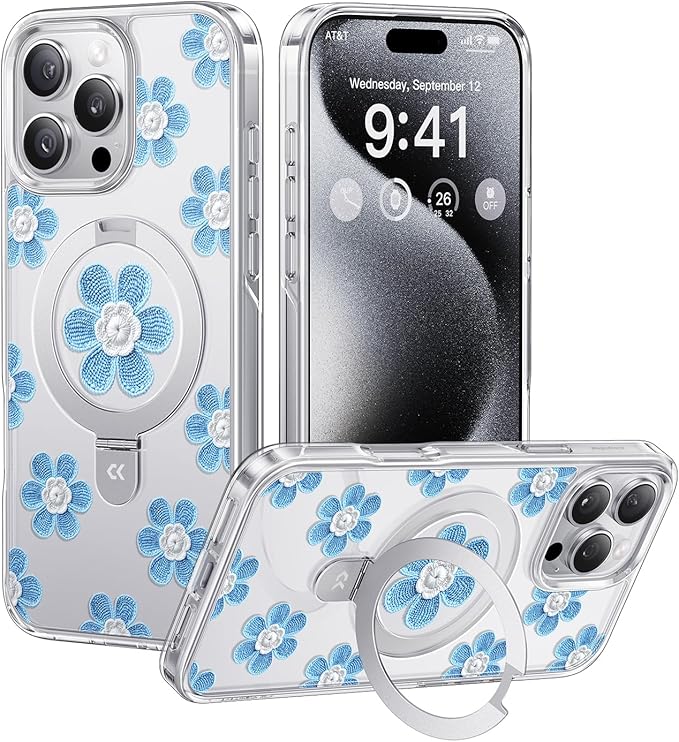 CASEKOO Floral Series Blue Flowers for iPhone 16 Pro Case with Magnetic Ring Stand [Compatible with MagSafe] [Military-Grade Protection] Fashion Clear Back, Soft Edge, for Women
