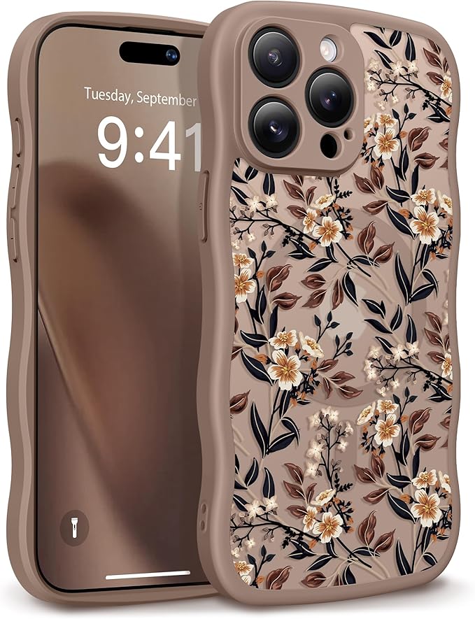 GVIEWIN for iPhone 15 Pro Case Compatible with MagSafe [Curly Wave Edge][Full Camera Protection] Floral Translucent Shockproof Magnetic Women Phone Case for iPhone 15 Pro 6.1'', Bunchflower/Brown