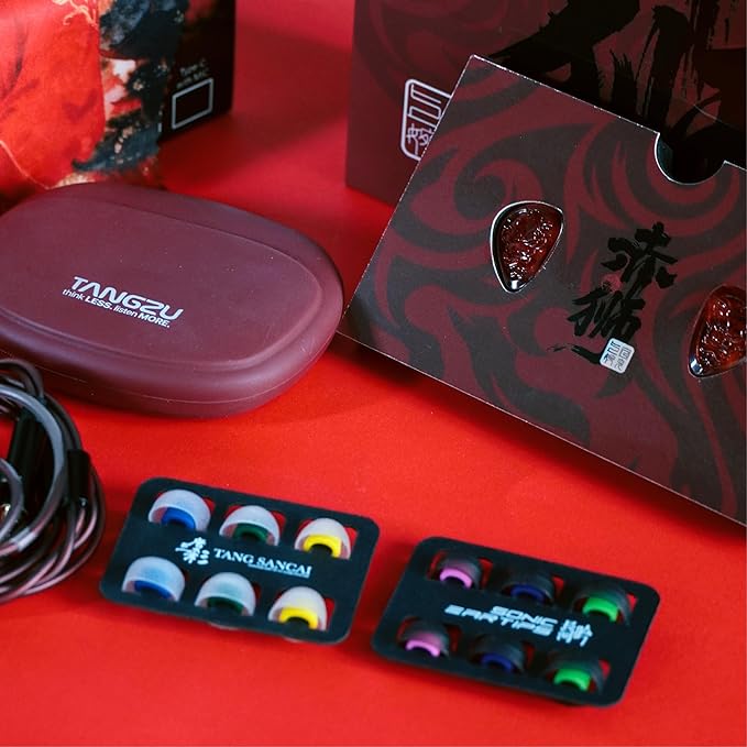 TANGZU Wan'er S.G II Red Lion in Ear Monitor, Gaming IEM Earphones, HiFi Wired Earphones with Silicone Headphone Organizer, Tang Sancai Wide Bore Eartips, Sonic Eartips (Red, 3.5mm with Mic)