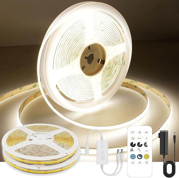 AXMOTUT 65.6ft COB LED Strip Light Natural White, High Bright LED Strips with 320LEDs,RF Remote and UL Power Supply,4000K Dimmable LED Lights for Bedroom,Kitchen,DIY Home Decoration, 2 Rolls of 32.8ft