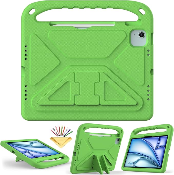 Kids Case for iPad Air 11 inch M4/M3/M2 (2026/2025/2024) & iPad Pro 11 inch M5/M4 (2025/2024) with Pencil Holder/Handle/Kickstand Lightweight Shockproof Cute Soft EVA Foam Stand Cover, Green