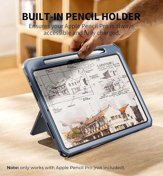 Dexnor for iPad Pro 11 inch Case M5 2025/M4 2024, Rugged Protective Case with 360° Rotating Hand Strap & Large Steady Stand & Screen Protector & Pencil Holder Shockproof Full-Body Bumper Cover, Blue