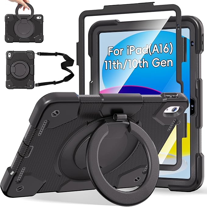 Andnary Case for iPad (A16) 11th /10th Generation 11/10.9 Inch 2025/2022 with Screen Protector/360° Rotate Stand/Shoulder Strap/Pencil Holder, Shockproof iPad 11th/10th Gen Cover (Black)