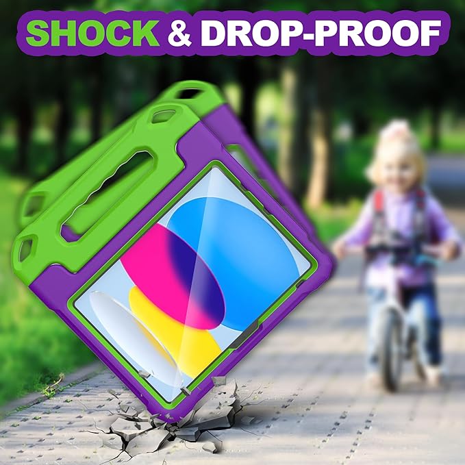 YIHE Kids Case for iPad (A16) 11th Generation 11 Inch 2025 & iPad 10th Generation 10.9 inch 2022, with Built-in Screen Protector and Handle Stand, Full Body Shockproof Protective Cover, PurpleGreen