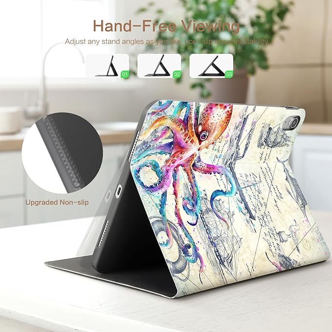 Lokigo Case for iPad (A16) 11th Generation 11 Inch 2025, iPad 10th Generation Case 10.9 inch 2022, Multi-Angle Viewing Protective Stand iPadCover 10thGeneration, Support Touch ID, Octopus