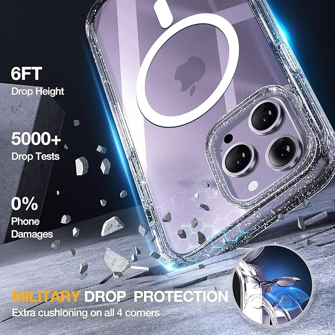 Miracase Magnetic for iPhone 14 Pro Case 6.1 inch, (Compatible with MagSafe) Upgrade Full-Body Clear Phone Bumper Case with Built-in 9H Tempered Glass Screen Protector, Magnetic Glitter Clear