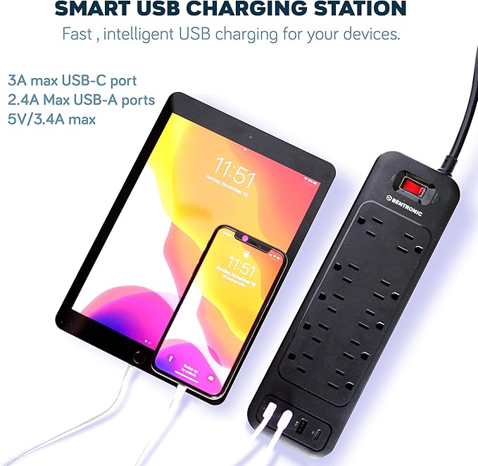 Power Strip Surge Protector USB-C and 10 AC Outlets, 3 USB and 1 USB C, Fast Charging Ports, Black, Flat Plug 6 ft Extension Cord, 2100 J 1875 Watts, 15A, Outlet Extender, ETL, BENTRONIC.