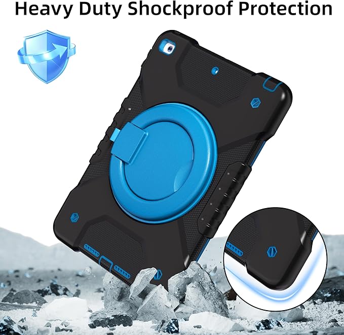Andnary Case for iPad 9th/8th/7th Generation 10.2 inch, Shockproof Cover with Screen Protector/360° Rotating Handle/Bracket/Pen Holder/Shoulder Strap, Kids Case for iPad 2021/2020/2019 (Black+Blue)