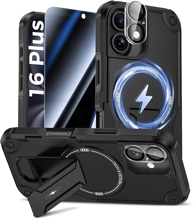 Goton for iPhone 16 Plus Case with Privacy Tempered Glass Screen Protector & Camera Lens Protector, Compatible with MagSafe, Invisible Kickstand, Shockproof Phone Cover for iPhone 16Plus, Black
