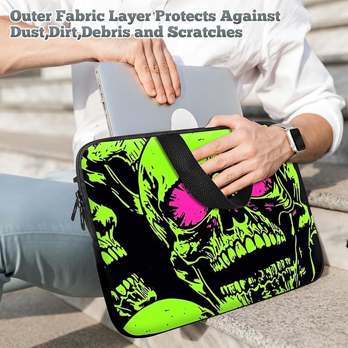 Universal Laptop Sleeve Case 12 inch, Neon Green Skull Slim Carrying Case Handbag Travel Laptop Bag for Surface Pro 9 8 7/Laptop Go 2 3, MacBook Air 11/12