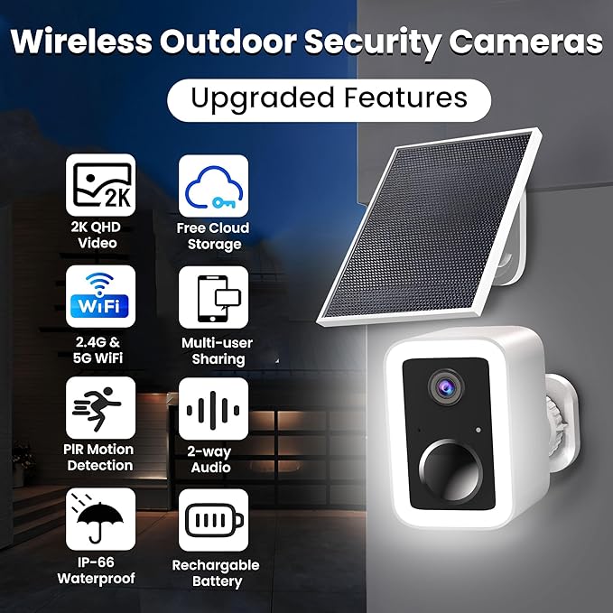 Security Camera Wireless Outdoor with Solar Panel, Free Cloud Storage, Integrated Spotlight & Siren, 1-6 Months Battery Life, Cameras for Home Security Support 5G & 2.4GHz WiFi, IP66 Weatherproof