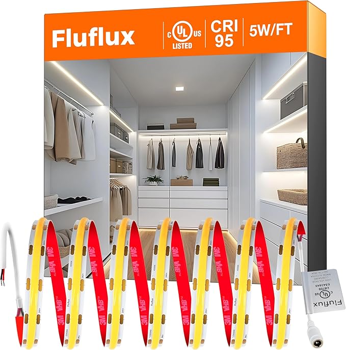 COB LED Strip Lights 4000K, 330+LM/FT, 24V DC LED Tape Light with Strong VHB Backing, CRI 95, UL Listed, Cuttable, Dimmable, Flexible, 5W/FT for Accent, Task Lighting (NO Power Supply)