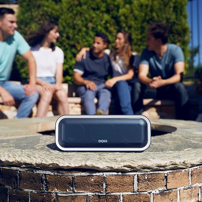 DOSS SoundBox Pro+ Bluetooth Speaker, Immersive 24W Stereo Sound with Booming Bass, IPX6 Waterproof, 15H Playtime, Mixed Colors Lights, Wireless for Backyard, Hiking, Garage, Party-Blue