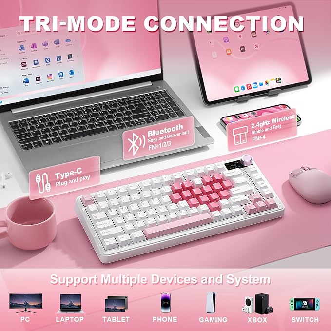 YUNZII B75 PRO MAX QMK/VIA Wireless Mechanical Keyboard,75% Layout with Screen and Knob,Hot Swap Gasket,Creamy Pre-lubed Switches,Bluetooth/Type-C/2.4G for Win/Mac(White Heart,Cocoa Cream V2 Switch)