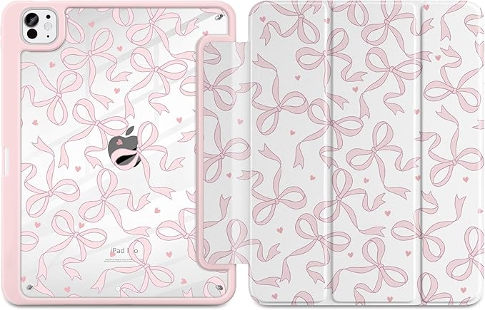 TWOLSKOO Case for iPad Pro 11-inch (M5 2025 / M4 2024), Clear Acrylic Back with TPU Bumper, Pencil Holder, Trifold Stand, Auto Sleep/Wake, Pink Bows