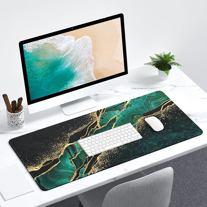 Extended Large Mouse Pad, XXL Gaming Mousepad 31.5 x 15.7 Inch, Big Computer Keyboard Desk Pad, Waterproof Mouse Mat with Stitched Edges and Non-Slip Base for Office Gaming, Green Marble