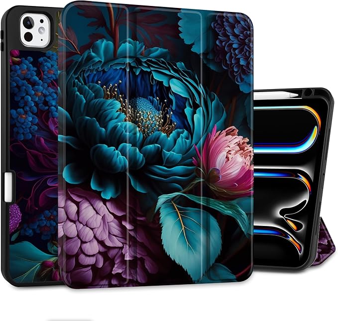 MEEgoodo Case for M5 iPad Pro 11 inch 2025/M4 iPad Pro 11 inch Case 2024, Tablet Cover with Trifold Stand & Pencil Holder & Auto Wake/Sleep & Soft TPU Back Cover, Beautiful Fantasy Flower