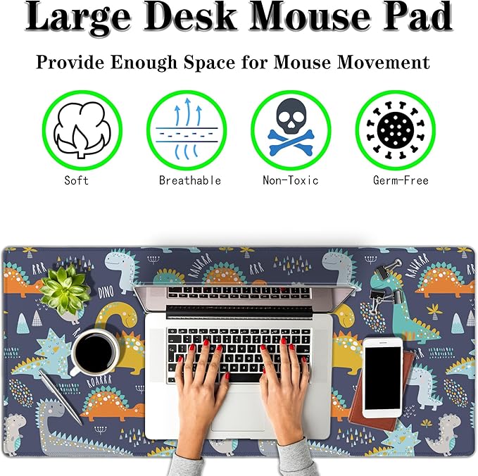 Computer Desk Mat Yellow, Gaming Mouse Pads Desk Mouse Pad, Desktop Computer Mat Non-Slip Rubber Base Waterproof with Stitched Edges, 35.4 X 15.7 inch for Work/Game/Office/Home Dinosaur