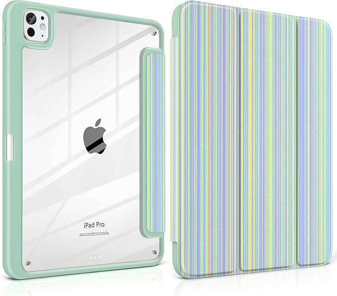 Case for iPad Pro 13 inch (M5) 2025 (M4) 2024 Release with Pencil Holder - Aesthetic Cute Design Trifold Cover with Soft TPU Bumper Clear Back Auto Sleep/Wake for Girls Women, Lines Green