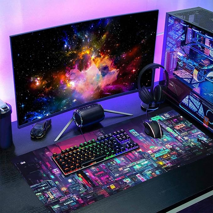Retro Japanese Anime Gaming Mouse Pad XXL Cool Dark Purple Red Vaporwave City Extended Large Desk Mat Big Mousepad Non-Slip Rubber Base Stitched Edge Long for Computer, 35.4x15.7 in