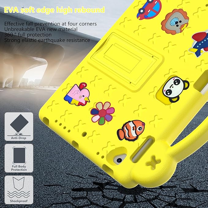 AKABEILA Compatible with Apple iPad Air 1 2013/Air 2 2014/Pro 9.7(2016)/iPad 9.7(2017/2018) Tablet Case, Kids Shockproof Protective Case with Shoulder Strap & Stand Handle & Pen Tray Yellow