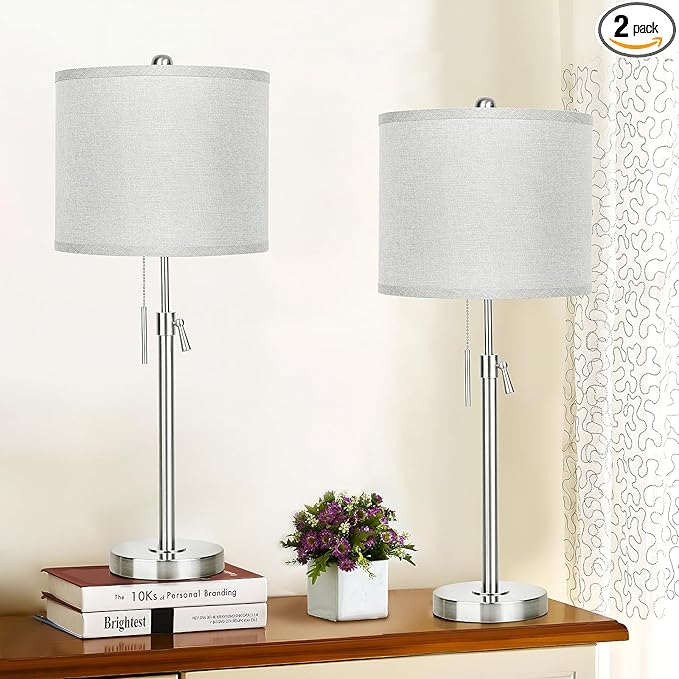 Qingmiao Table Lamps for Bedrooms Set of 2, 22" to 30" Height Adjustable Nightstand Lamps with Linen Shade, Pull Chain Switch Lamps for Living Room, 3 Way Dimmable Bedside Lamp