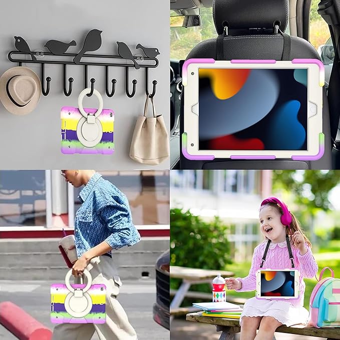 Andnary Case for iPad 9th/8th/7th Generation 10.2 inch, Shockproof Cover with Screen Protector/360° Rotating Handle/Bracket/Pen Holder/Shoulder Strap, Kid Case for iPad 2021/2020/2019(Colorful Purple)