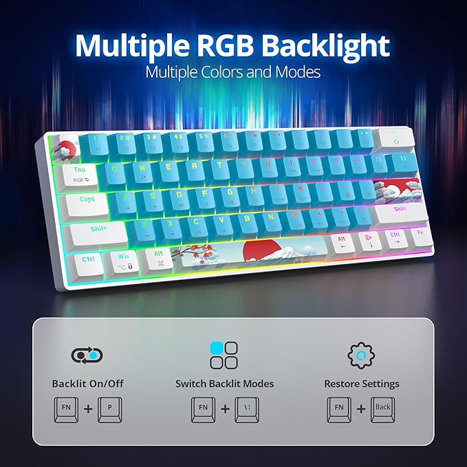 60 Percent Gaming Keyboard Portable 61 Keys Mechanical Keyboard Compact Wired Keyboard RGB Backlit for PC Laptop Gamer(61 Blue/Blue Switch)