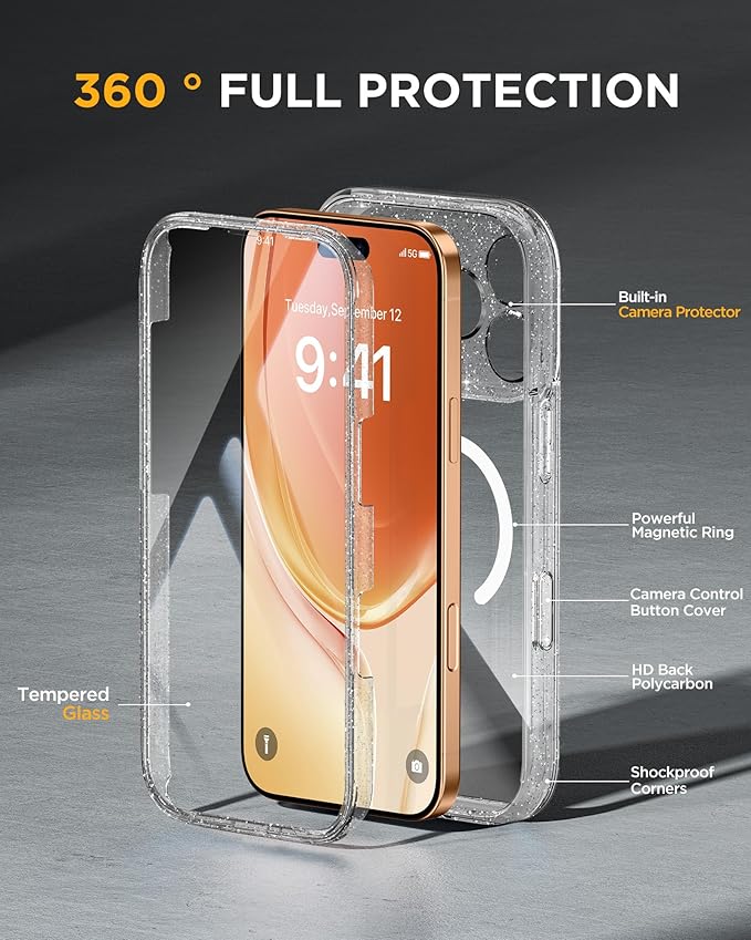 Miracase Magnetic for iPhone 17 Pro Case 6.3" [Compatible with MagSafe] Full-Body Phone Case with Built-in Glass Screen Protector & Camera Control,Drop Proof iPhone 17 Pro Cover, Clear Glitter