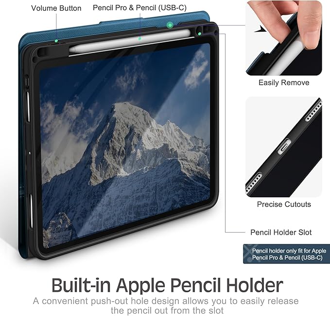 KingBlanc Case for iPad Pro 11-inch (M5 2025, M4 2024) with Pencil Holder, PU Leather Durable Protective Cover, Auto Sleep/Wake, Support Pencil Pro/Pencil (USB-C), Viewing/Typing Angles, Blue