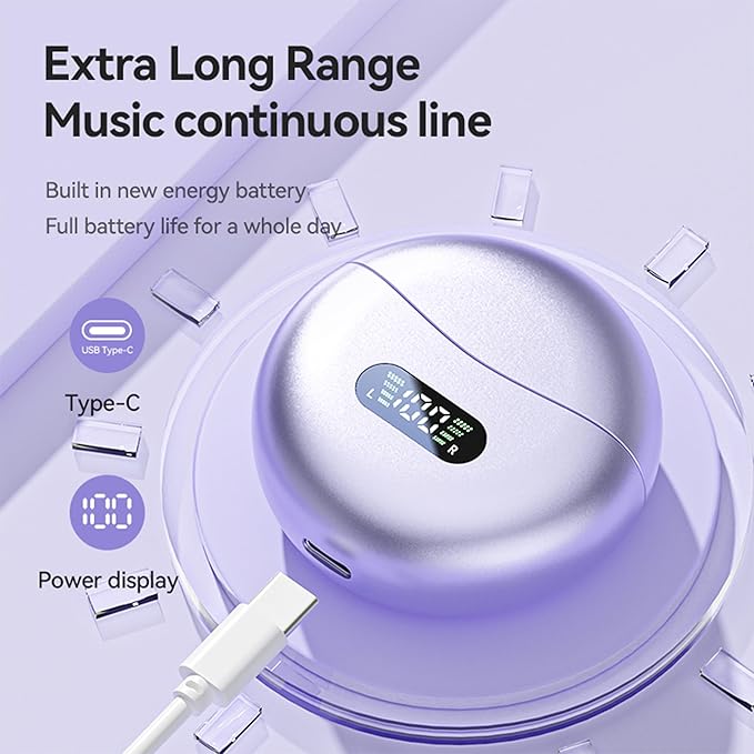 Open Ear Clip Headphones Wireless Earbuds Bluetooth 5.4 Sports Earphones Wireless Charging Case & LED Power Display Waterproof Fitness Headphones for Running (Purple)