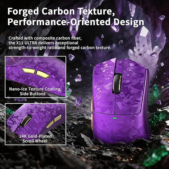 ATTACK SHARK X11 Ultra 8K Carbon Fiber Wireless Gaming Mouse,Nordic 54L15 MCU,PAW3950MAX Sensor,59g Superlight,42000 DPI,BT/2.4Ghz/Wired Mouse with 100 Million Clicks,Programmable for Pc/Mac,Purple